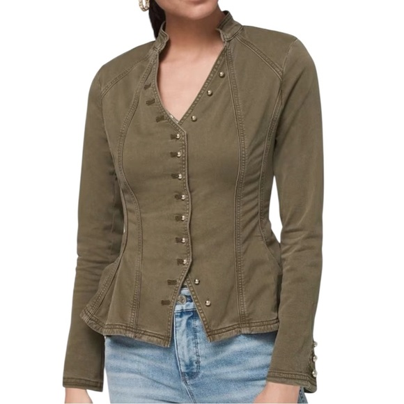 WHITE HOUSE BLACK MARKET Green Military Jacket /Top Peplum V-Neck Button Up sz 6 - Picture 1 of 11